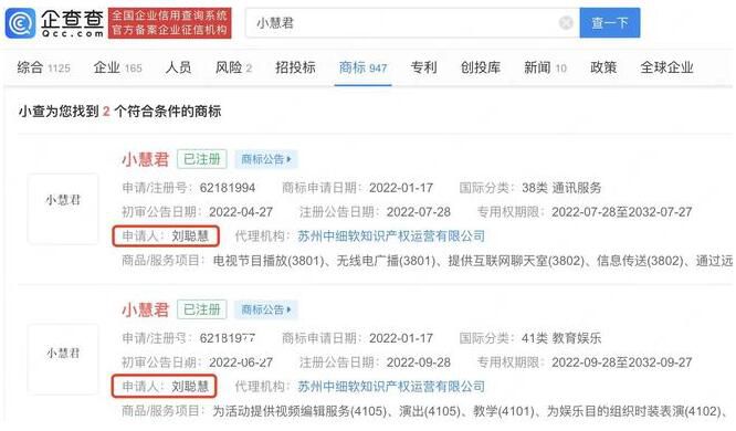 小慧君已注冊個人同名商標 目前商標狀態均為已注冊