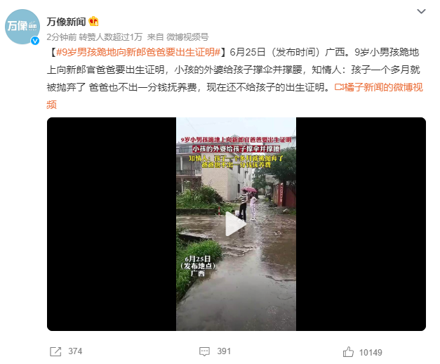 9歲男孩跪地向新郎爸爸要出生證明 爸爸也不出一分錢撫養(yǎng)費