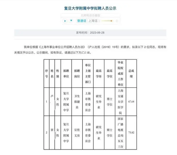 復(fù)旦附中回應(yīng)博士應(yīng)聘中學(xué)保健員 引起了社會(huì)關(guān)注