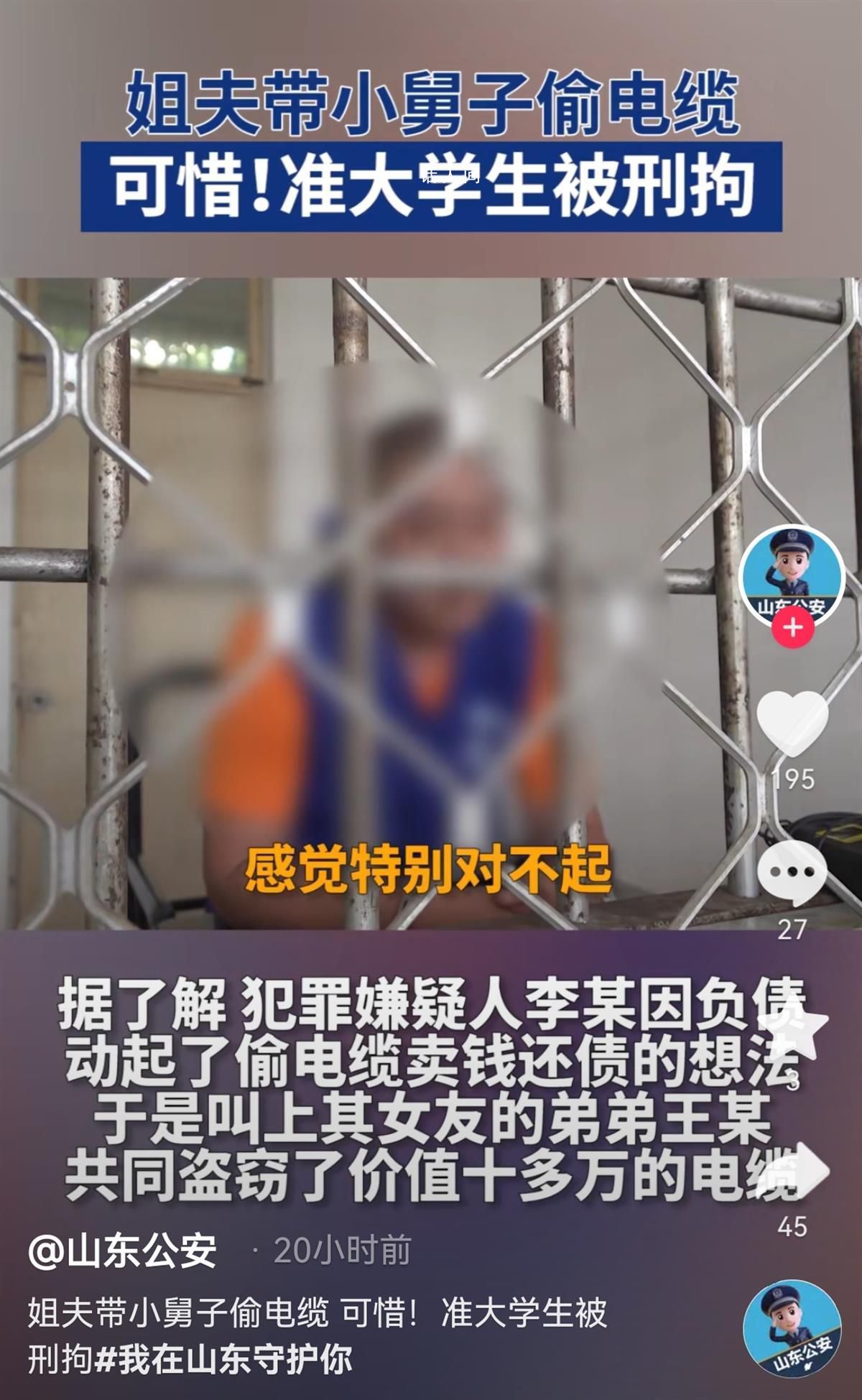 準大學生偷電纜被刑拘 盜竊了價值十多萬元