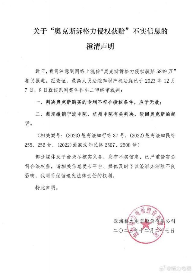格力否認(rèn)被判賠償奧克斯5849萬元 為不實(shí)信息