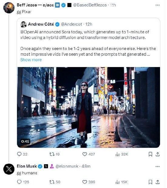 馬斯克稱人類對Sora認賭服輸 OpenAI首個視頻生成模型