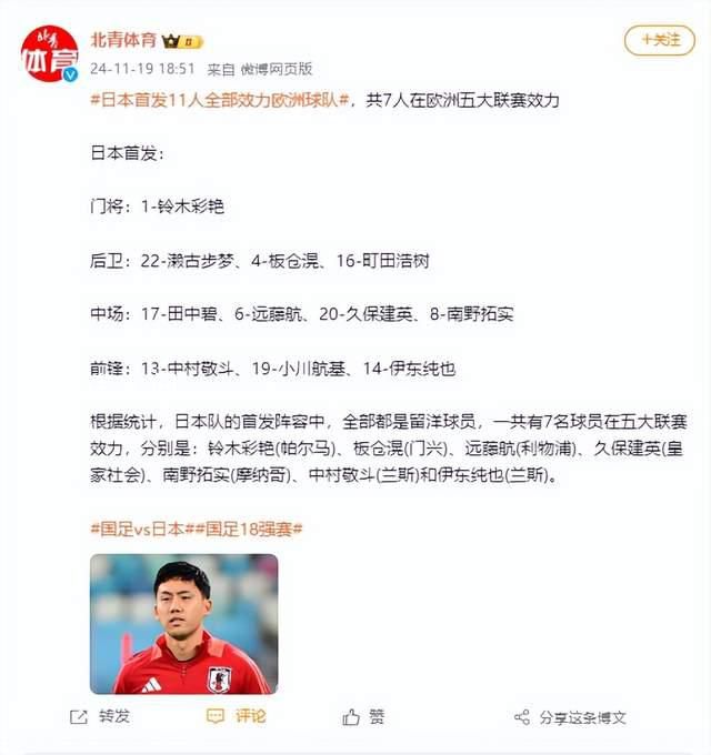 日本首發11人全部效力歐洲球隊 國足首發陣容中沒有歸化球員的身影